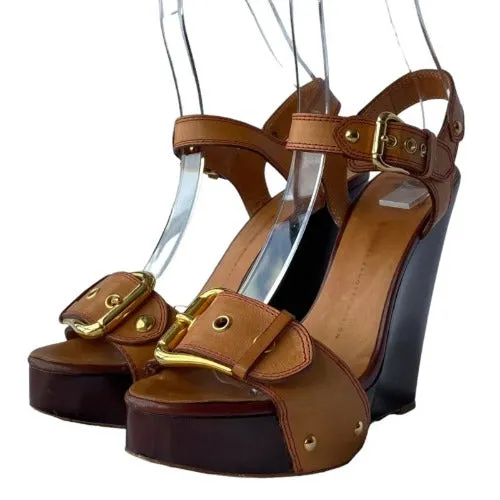 GIUSEPPE ZANOTTI Brown Leather, Wooden Heel, Gold Buckle Wedge Sandals , Size 39