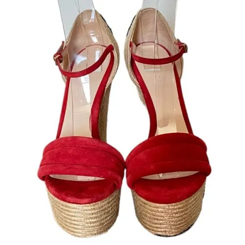 GUCCI Red Suede Floral Embroidered Espadrille Wedge Sandals, Size 37