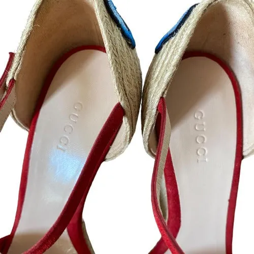 GUCCI Red Suede Floral Embroidered Espadrille Wedge Sandals, Size 37