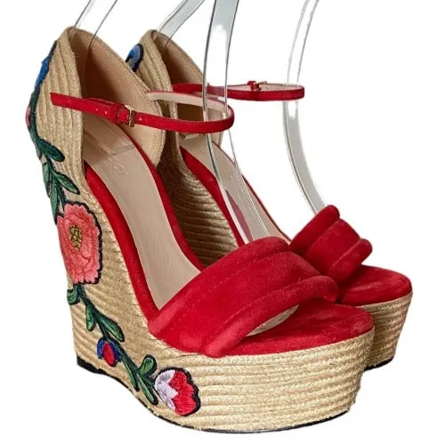 GUCCI Red Suede Floral Embroidered Espadrille Wedge Sandals, Size 37