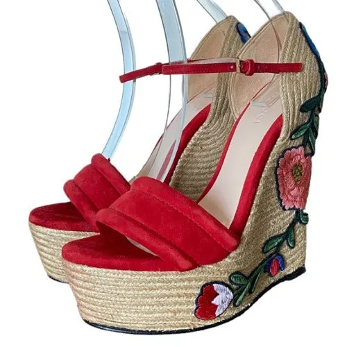 GUCCI Red Suede Floral Embroidered Espadrille Wedge Sandals, Size 37
