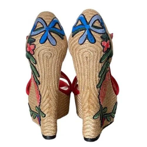 GUCCI Red Suede Floral Embroidered Espadrille Wedge Sandals, Size 37