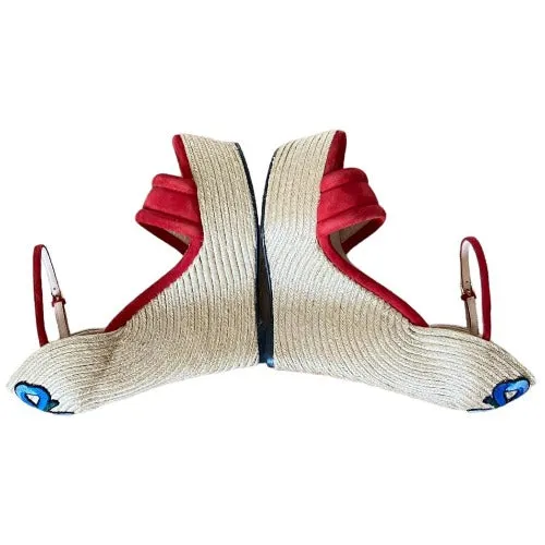GUCCI Red Suede Floral Embroidered Espadrille Wedge Sandals, Size 37