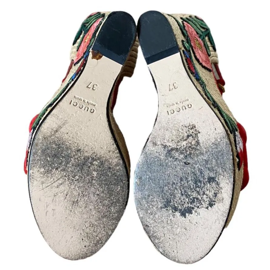 GUCCI Red Suede Floral Embroidered Espadrille Wedge Sandals, Size 37