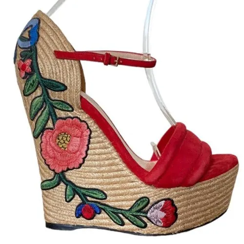GUCCI Red Suede Floral Embroidered Espadrille Wedge Sandals, Size 37