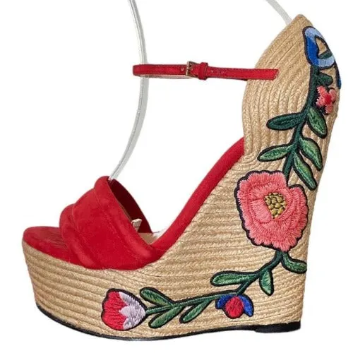 GUCCI Red Suede Floral Embroidered Espadrille Wedge Sandals, Size 37