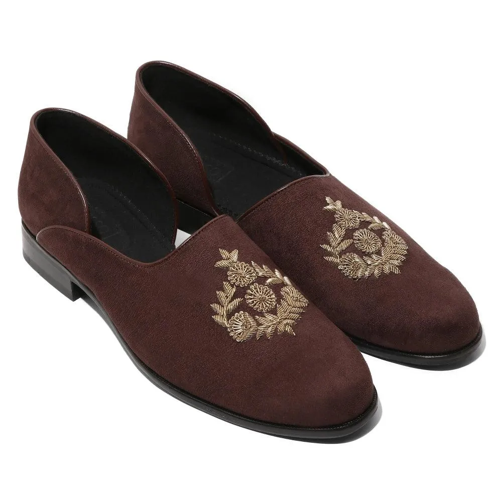 Gulzar - Brown Suede Zardozi Slip-Ons