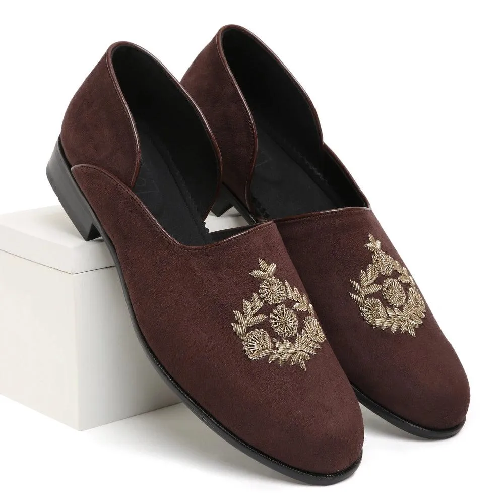 Gulzar - Brown Suede Zardozi Slip-Ons