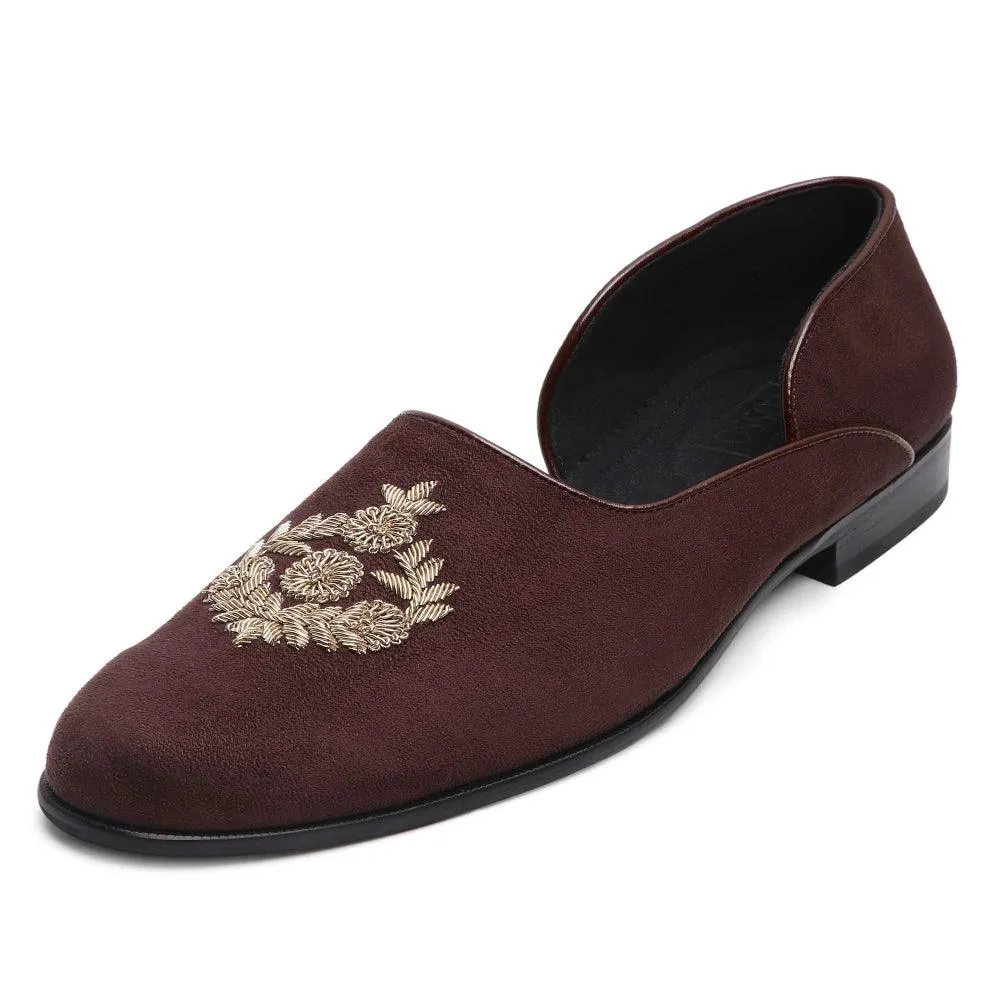 Gulzar - Brown Suede Zardozi Slip-Ons