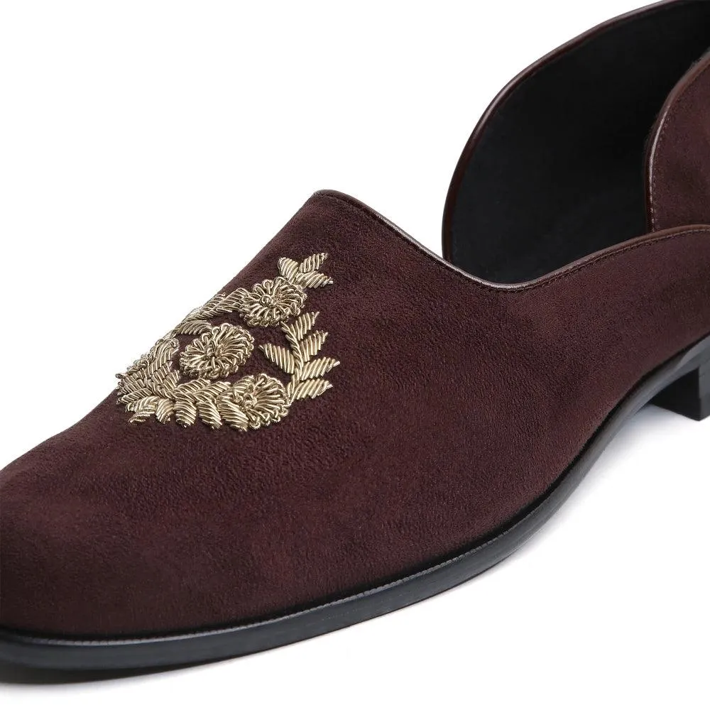 Gulzar - Brown Suede Zardozi Slip-Ons