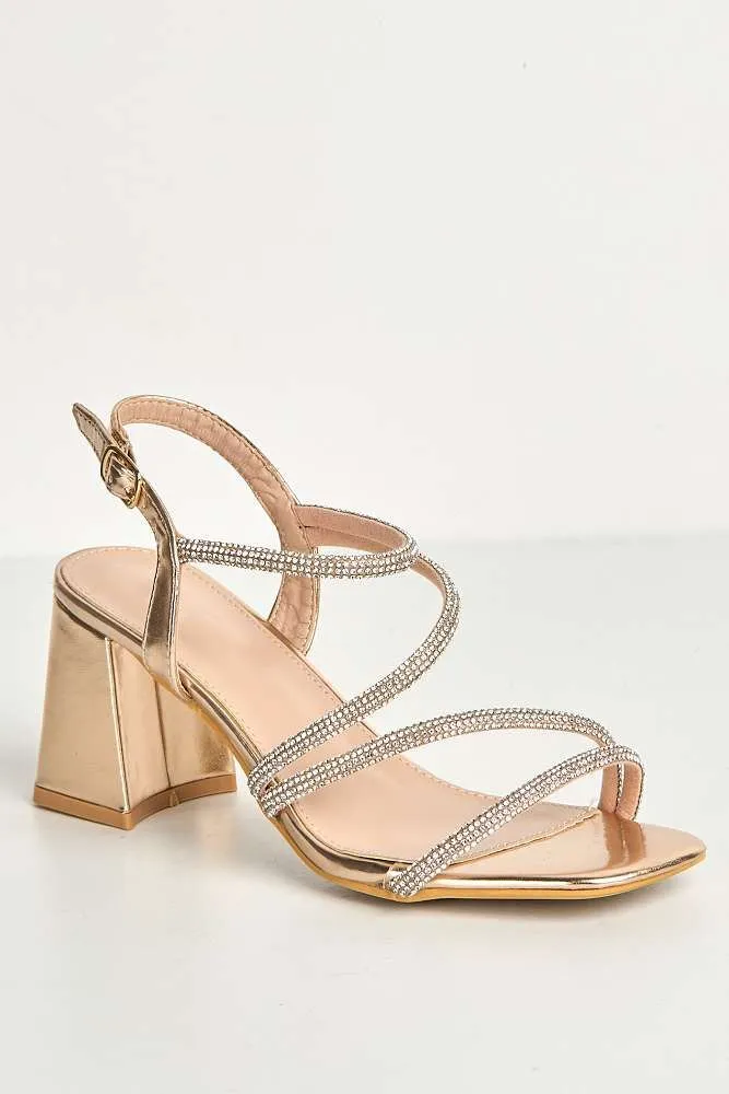 Kayli Diamante Strappy Block Heels in Rose Gold