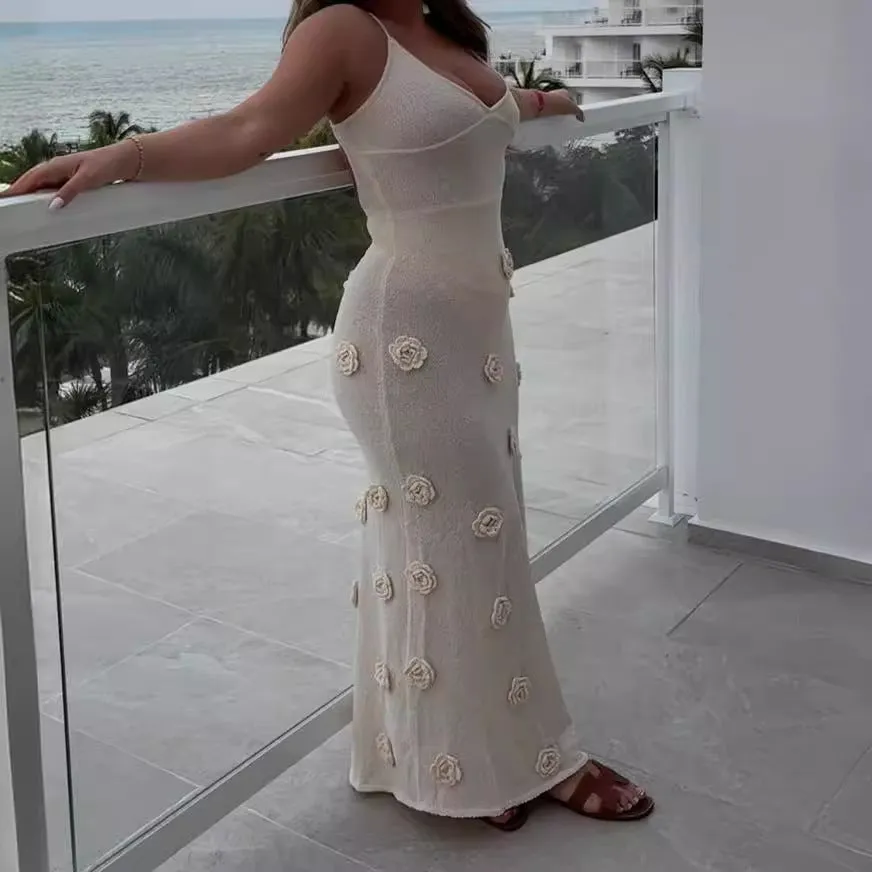 Knit Maxi Dress With Flower Detail