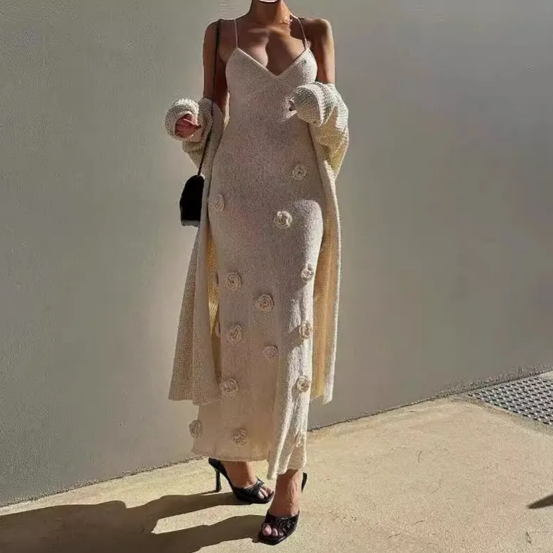 Knit Maxi Dress With Flower Detail