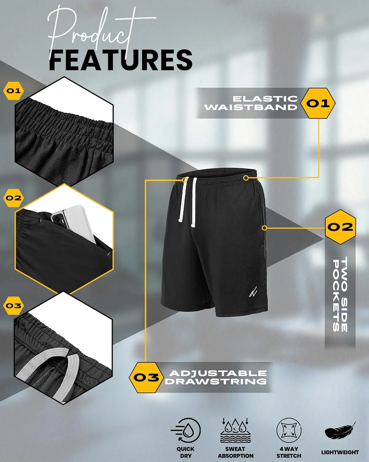 NY Threads 3 Pack Men's Athletic Shorts Quick Dry Lightweight Workout Running Gym Shorts with Pockets