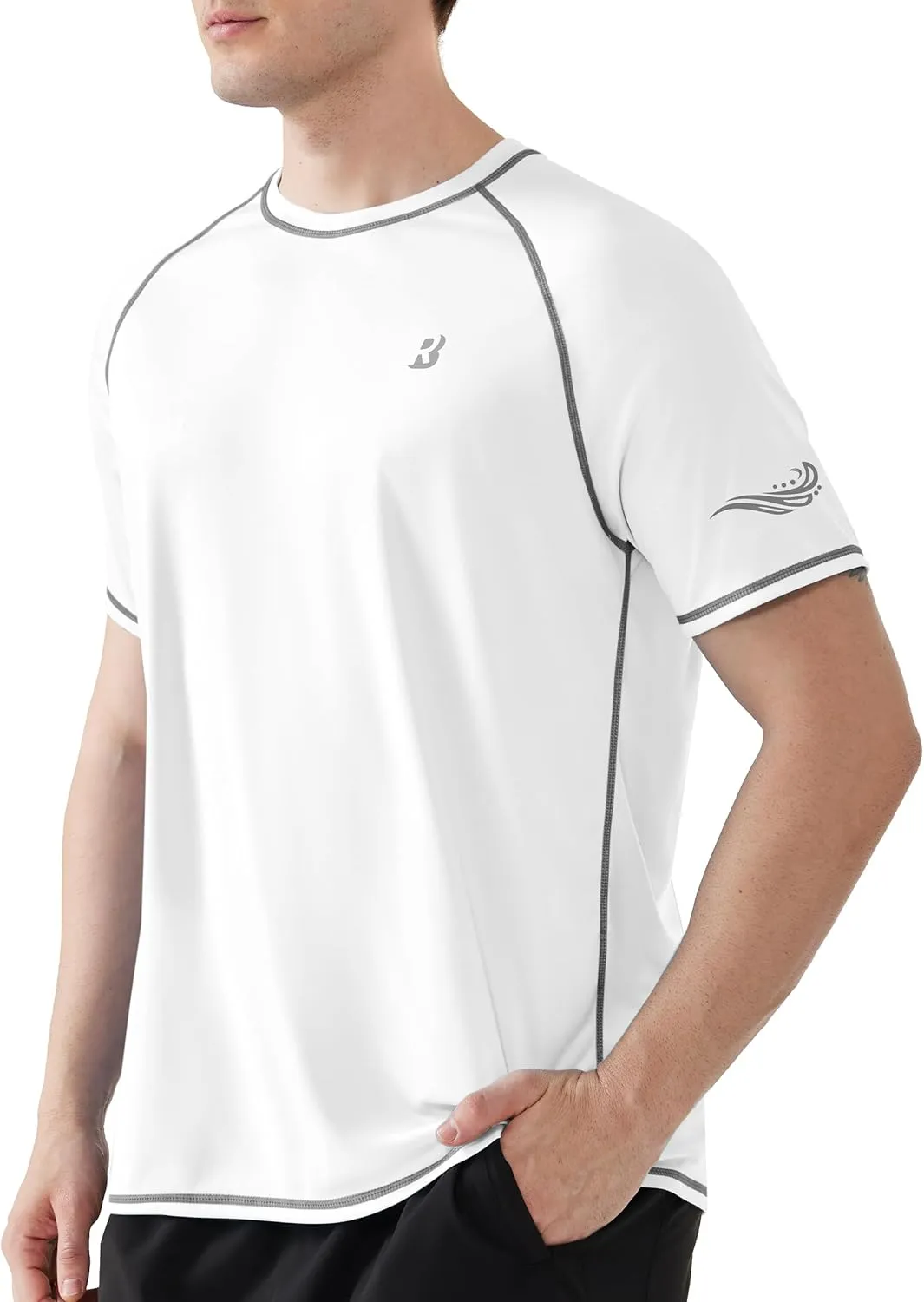 Roadbox Men's UPF 50  Swim Shirts, Short Sleeve UV Sun Protection Rash Guard T-Shirt, Quick Dry Water Surfing Beach Tees