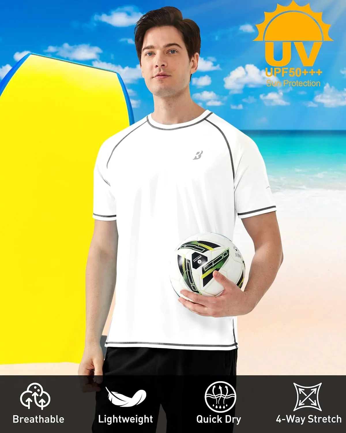 Roadbox Men's UPF 50  Swim Shirts, Short Sleeve UV Sun Protection Rash Guard T-Shirt, Quick Dry Water Surfing Beach Tees
