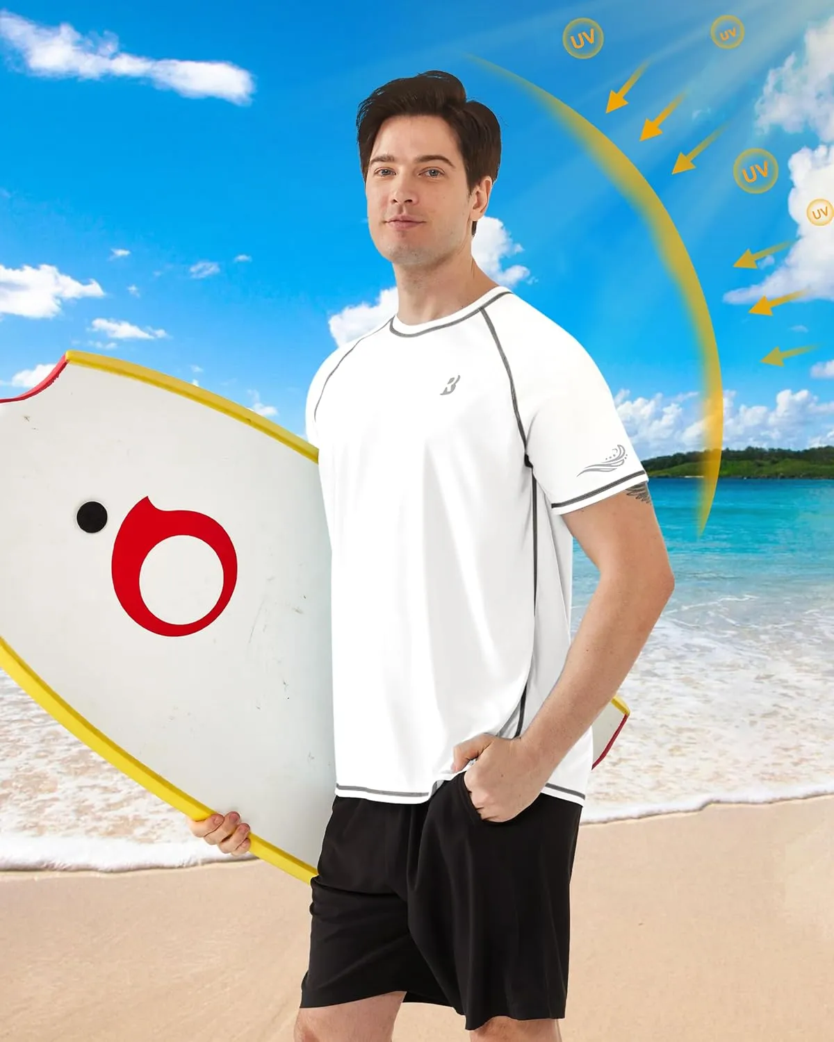 Roadbox Men's UPF 50  Swim Shirts, Short Sleeve UV Sun Protection Rash Guard T-Shirt, Quick Dry Water Surfing Beach Tees