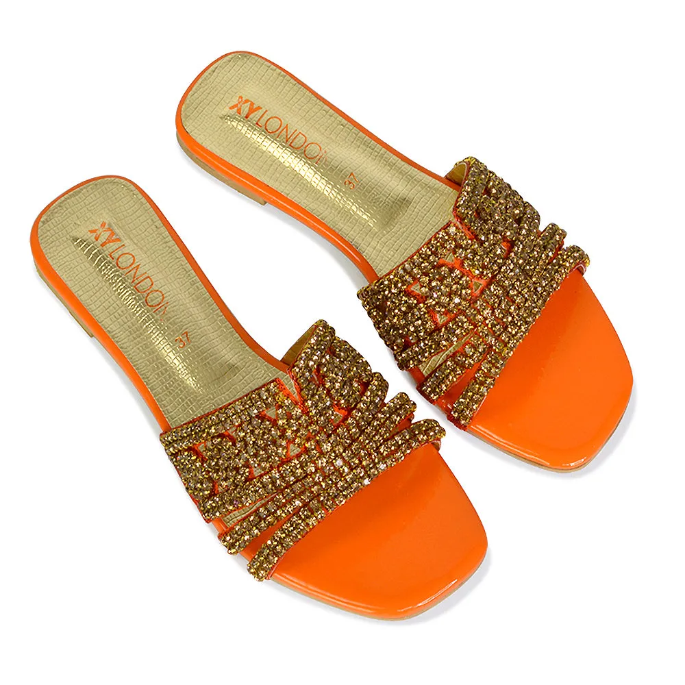 Sam Cut Out Square Toe Sparkly Front Strap Flat Diamante Sandals in Orange