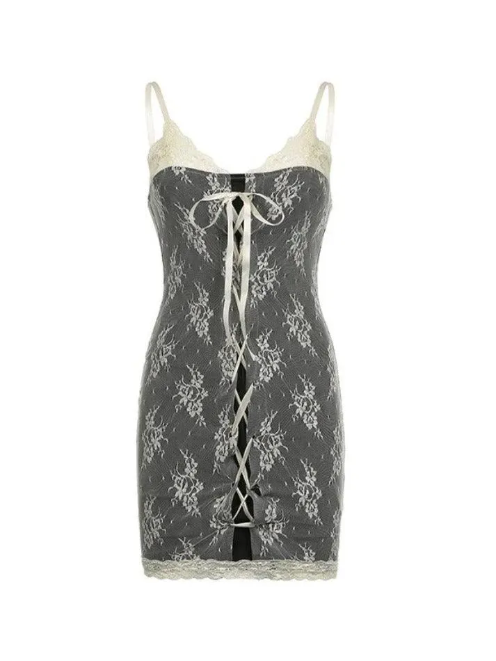 Wenkouban-nye outfits Lace Trimming Color Matching Cross Tie V Neck Slip Mini Dresses 2025 fashion trends y2k style party club outfits
