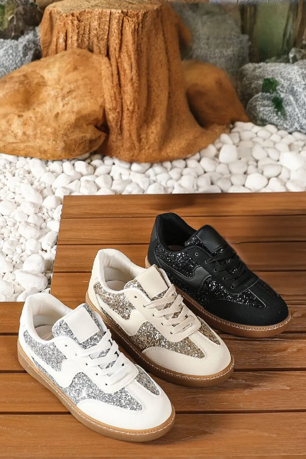 WOMEN'S DAZZLING GLITTER ACCENT SPARKLE LACE UP SNEAKERS IN BEIGE