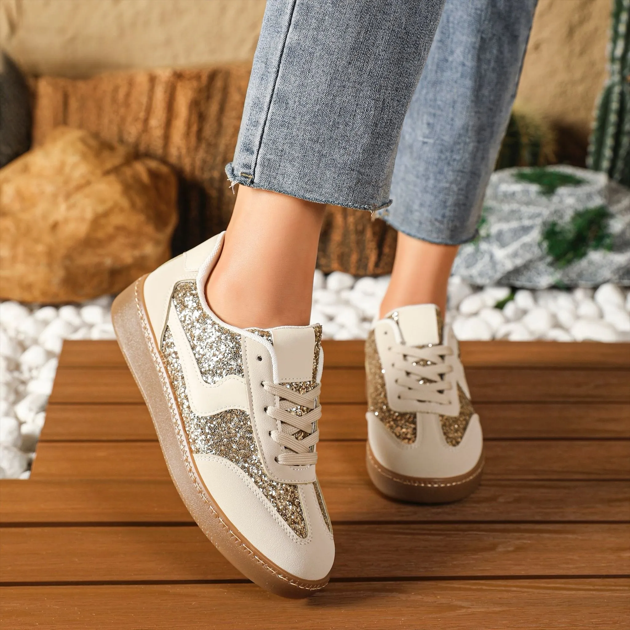 WOMEN'S DAZZLING GLITTER ACCENT SPARKLE LACE UP SNEAKERS IN BEIGE