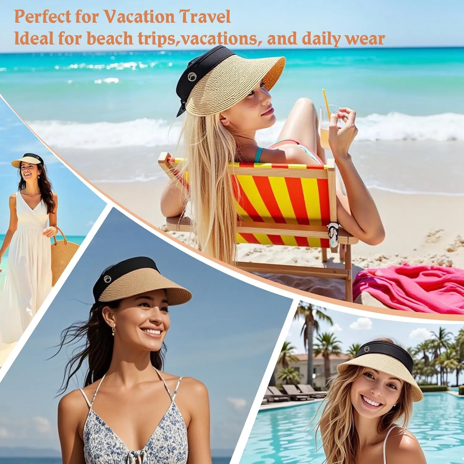 Women's Sun Visor Hats Wide Brim Straw Beach Hat Ponytail Hats for Women Foldable Floppy
