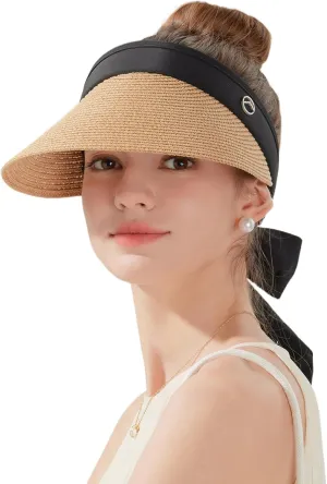 Women's Sun Visor Hats Wide Brim Straw Beach Hat Ponytail Hats for Women Foldable Floppy