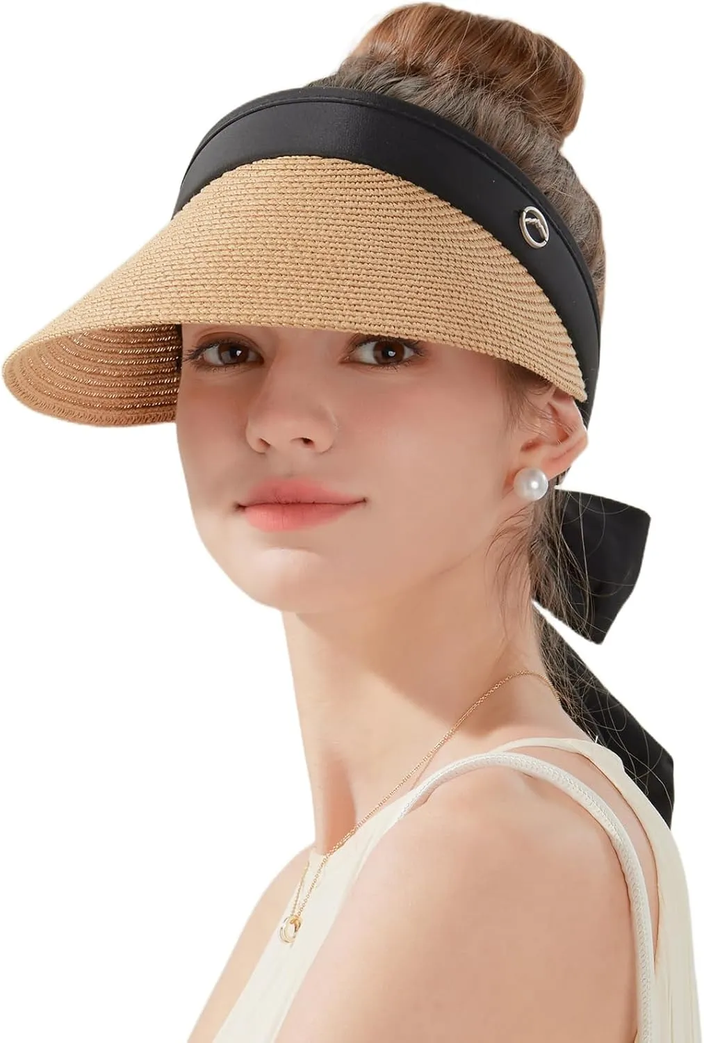 Women's Sun Visor Hats Wide Brim Straw Beach Hat Ponytail Hats for Women Foldable Floppy