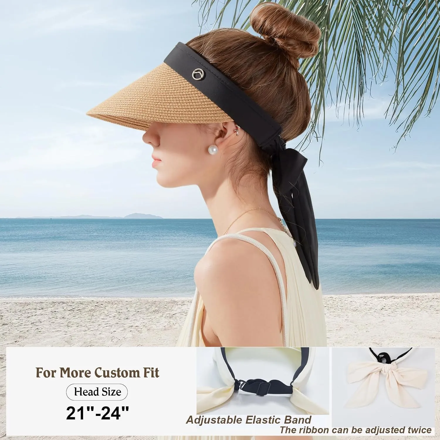 Women's Sun Visor Hats Wide Brim Straw Beach Hat Ponytail Hats for Women Foldable Floppy