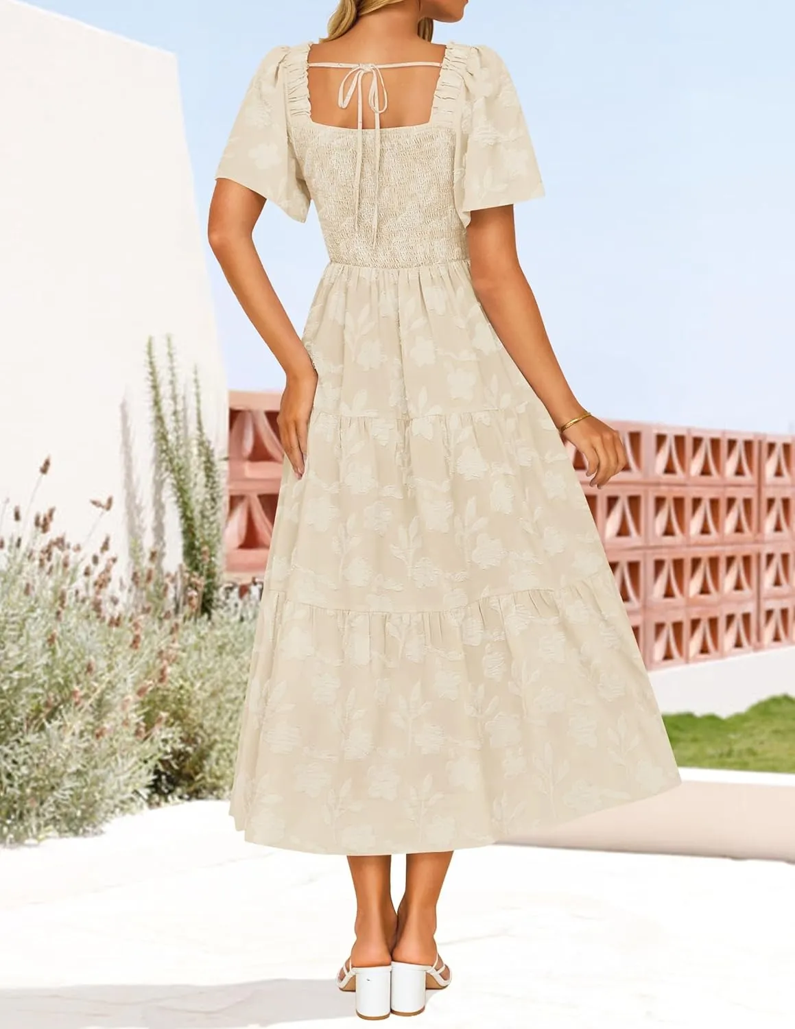 ZESICA Women??s Summer Boho Floral Midi Dress 2025 Casual Short Sleeve Square Neck Flowy Beach Vacation Long Dress