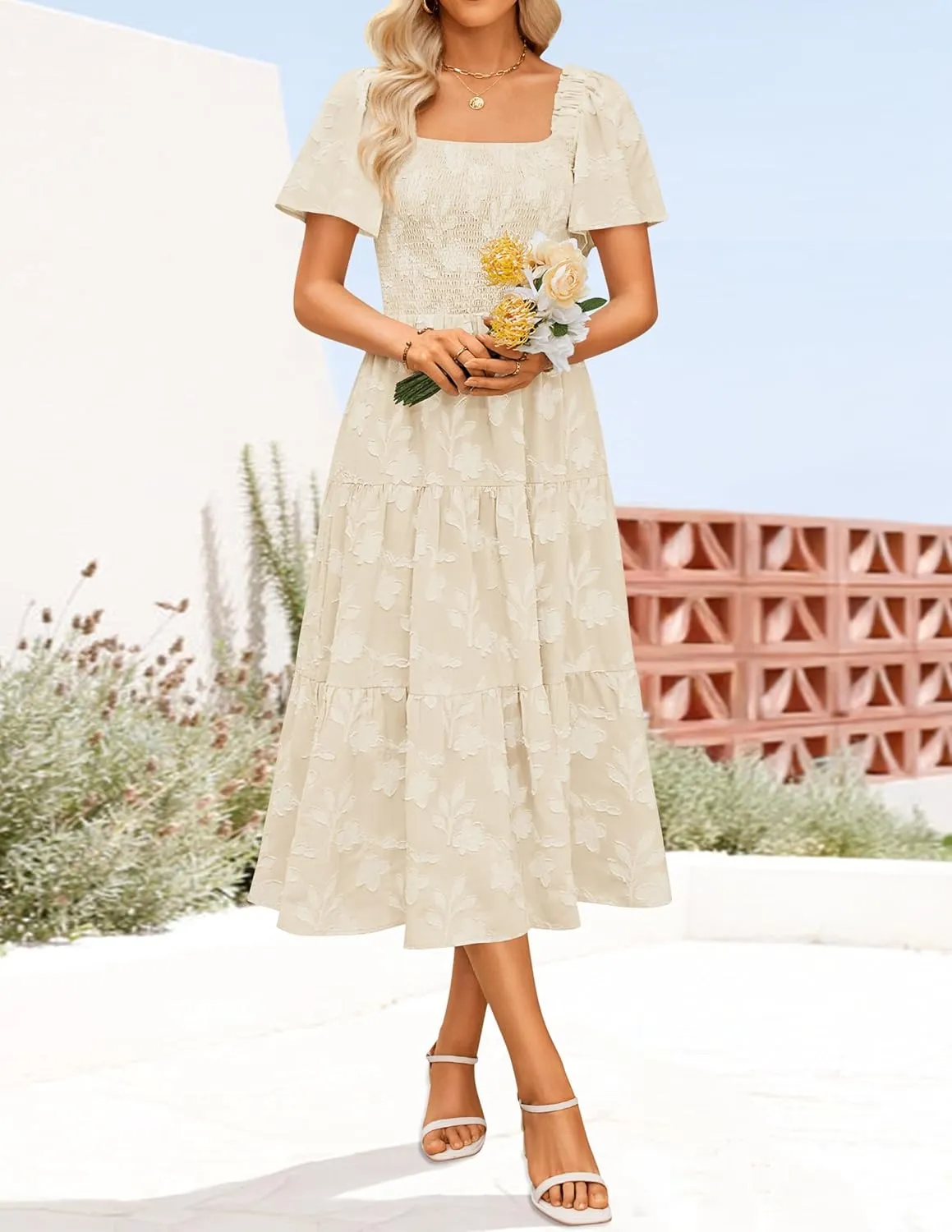 ZESICA Women??s Summer Boho Floral Midi Dress 2025 Casual Short Sleeve Square Neck Flowy Beach Vacation Long Dress