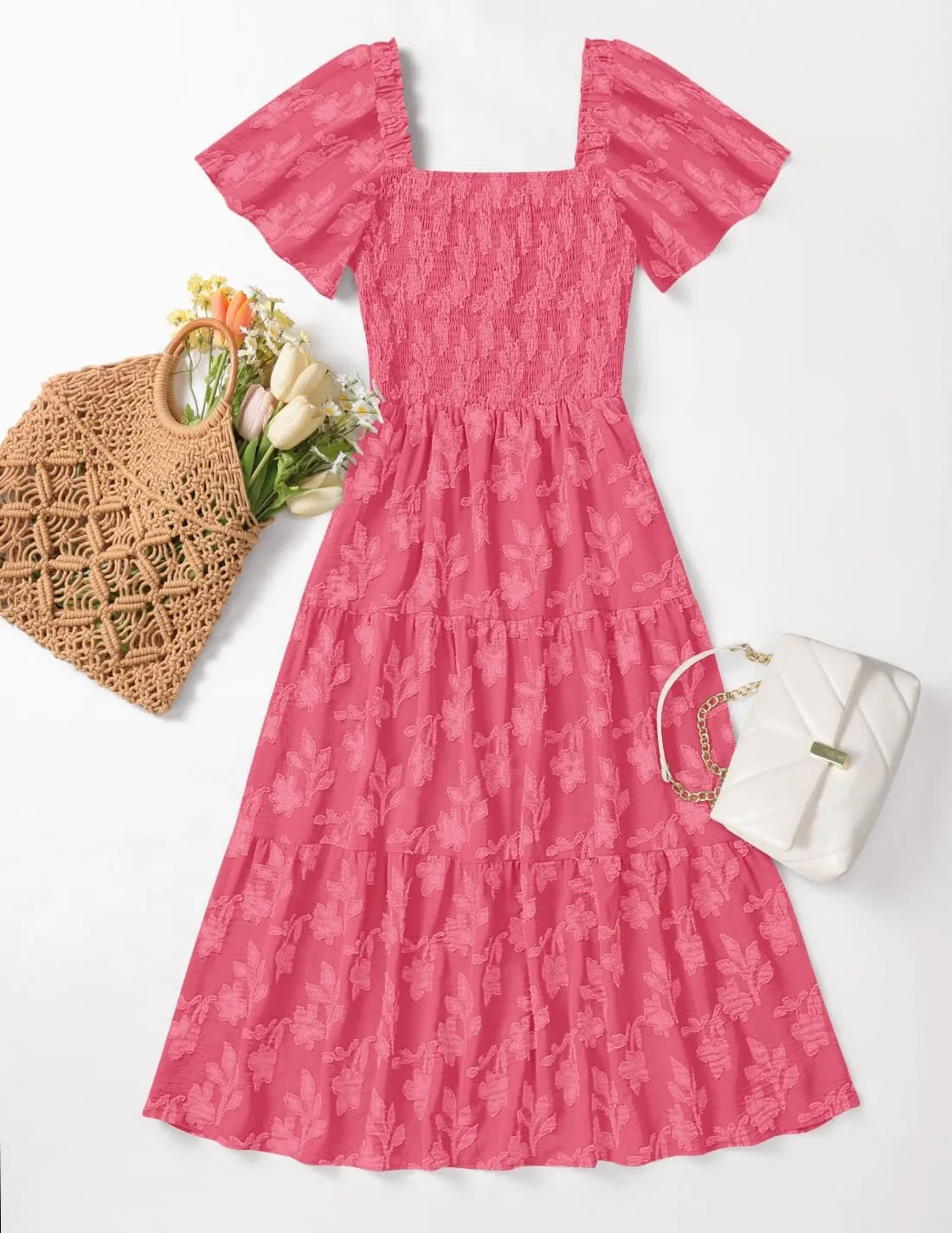 ZESICA Women??s Summer Boho Floral Midi Dress 2025 Casual Short Sleeve Square Neck Flowy Beach Vacation Long Dress