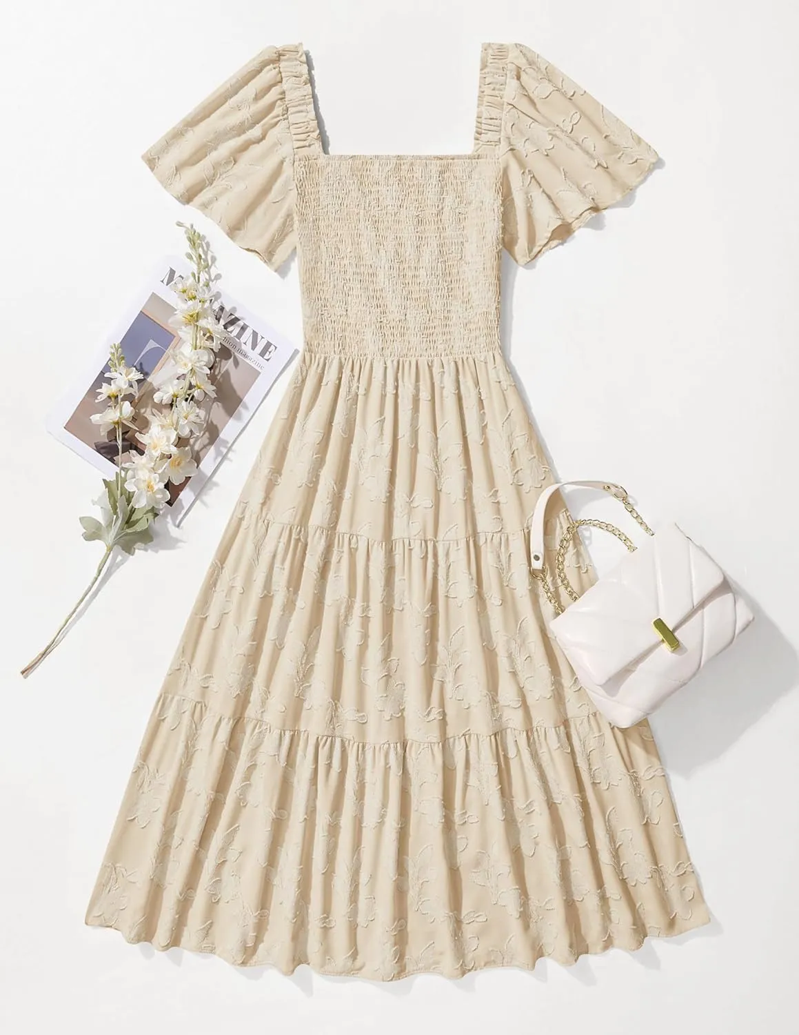 ZESICA Women??s Summer Boho Floral Midi Dress 2025 Casual Short Sleeve Square Neck Flowy Beach Vacation Long Dress