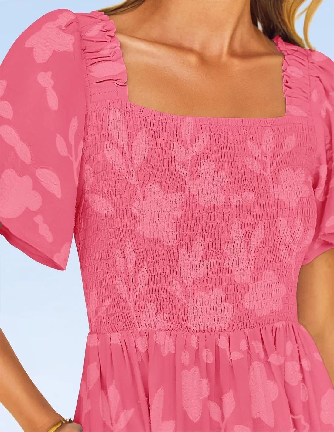 ZESICA Women??s Summer Boho Floral Midi Dress 2025 Casual Short Sleeve Square Neck Flowy Beach Vacation Long Dress