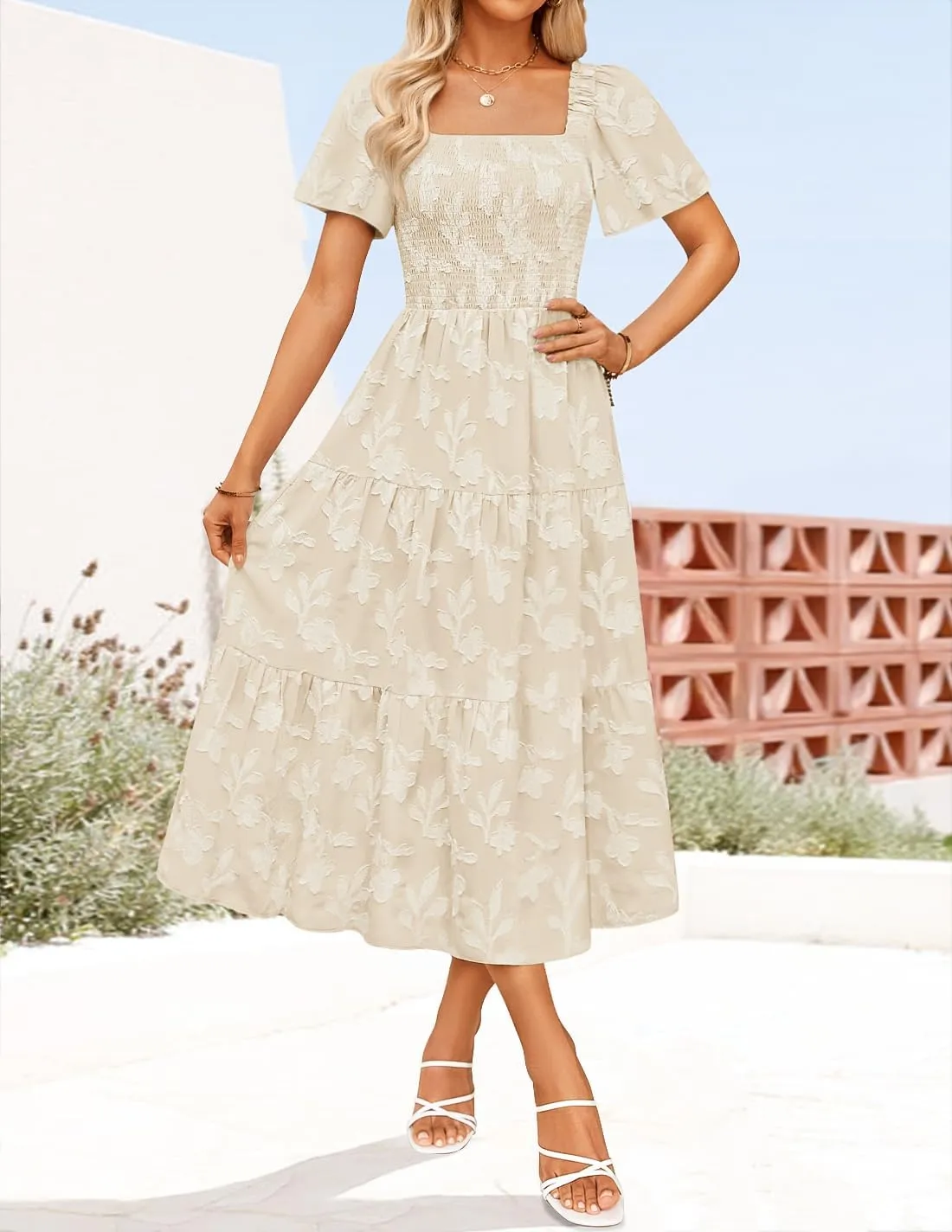 ZESICA Women??s Summer Boho Floral Midi Dress 2025 Casual Short Sleeve Square Neck Flowy Beach Vacation Long Dress