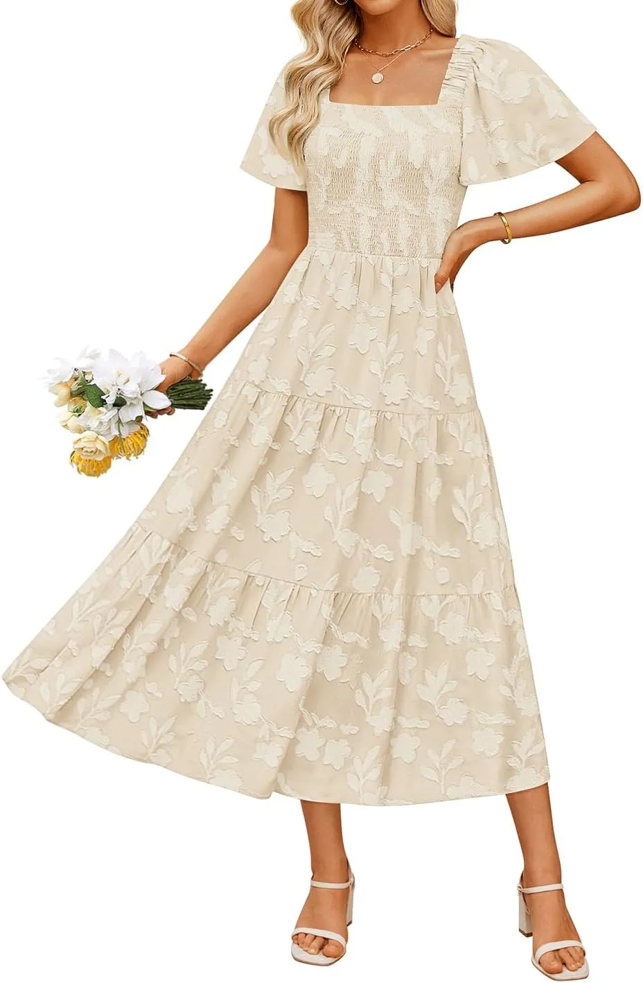 ZESICA Women??s Summer Boho Floral Midi Dress 2025 Casual Short Sleeve Square Neck Flowy Beach Vacation Long Dress
