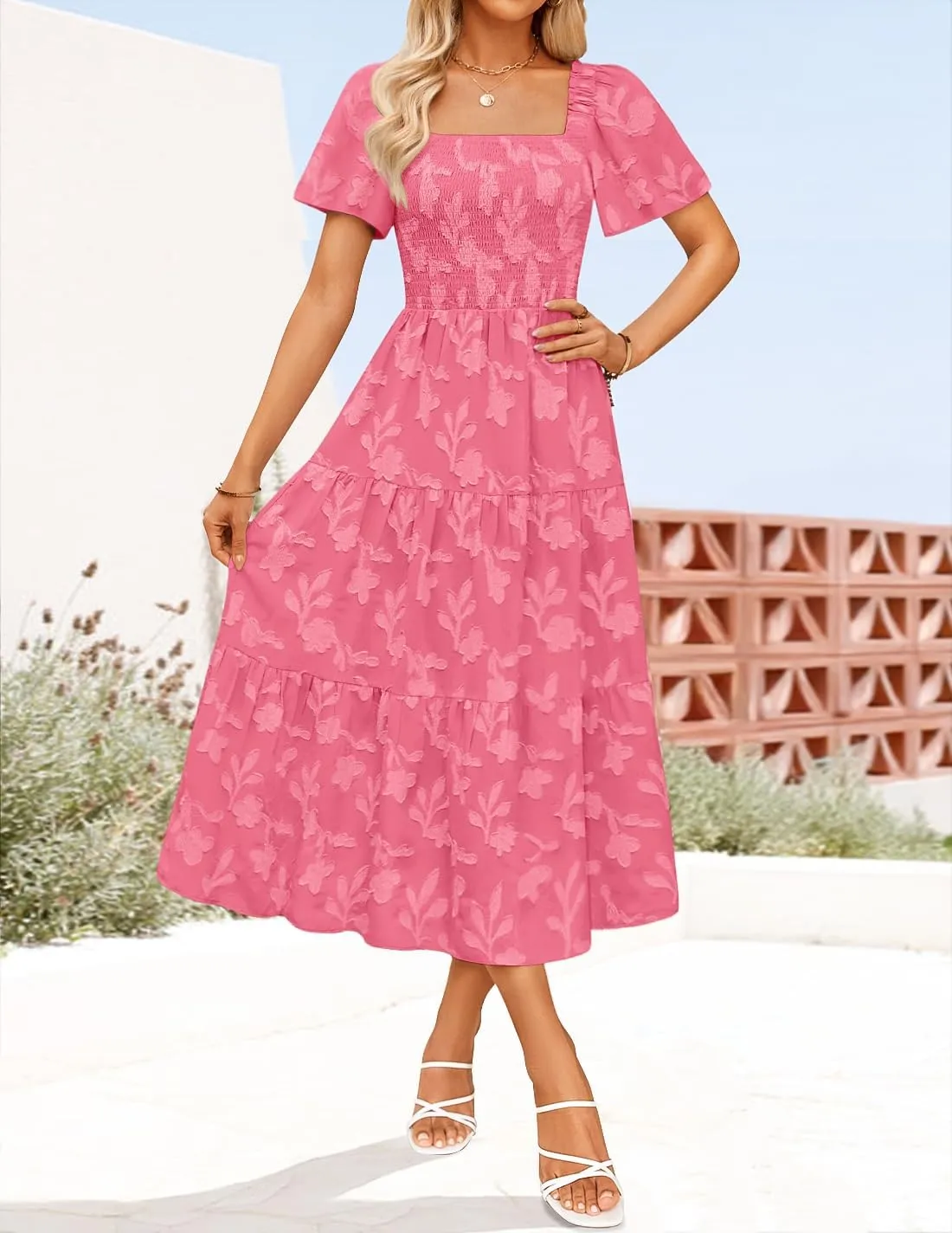 ZESICA Women??s Summer Boho Floral Midi Dress 2025 Casual Short Sleeve Square Neck Flowy Beach Vacation Long Dress