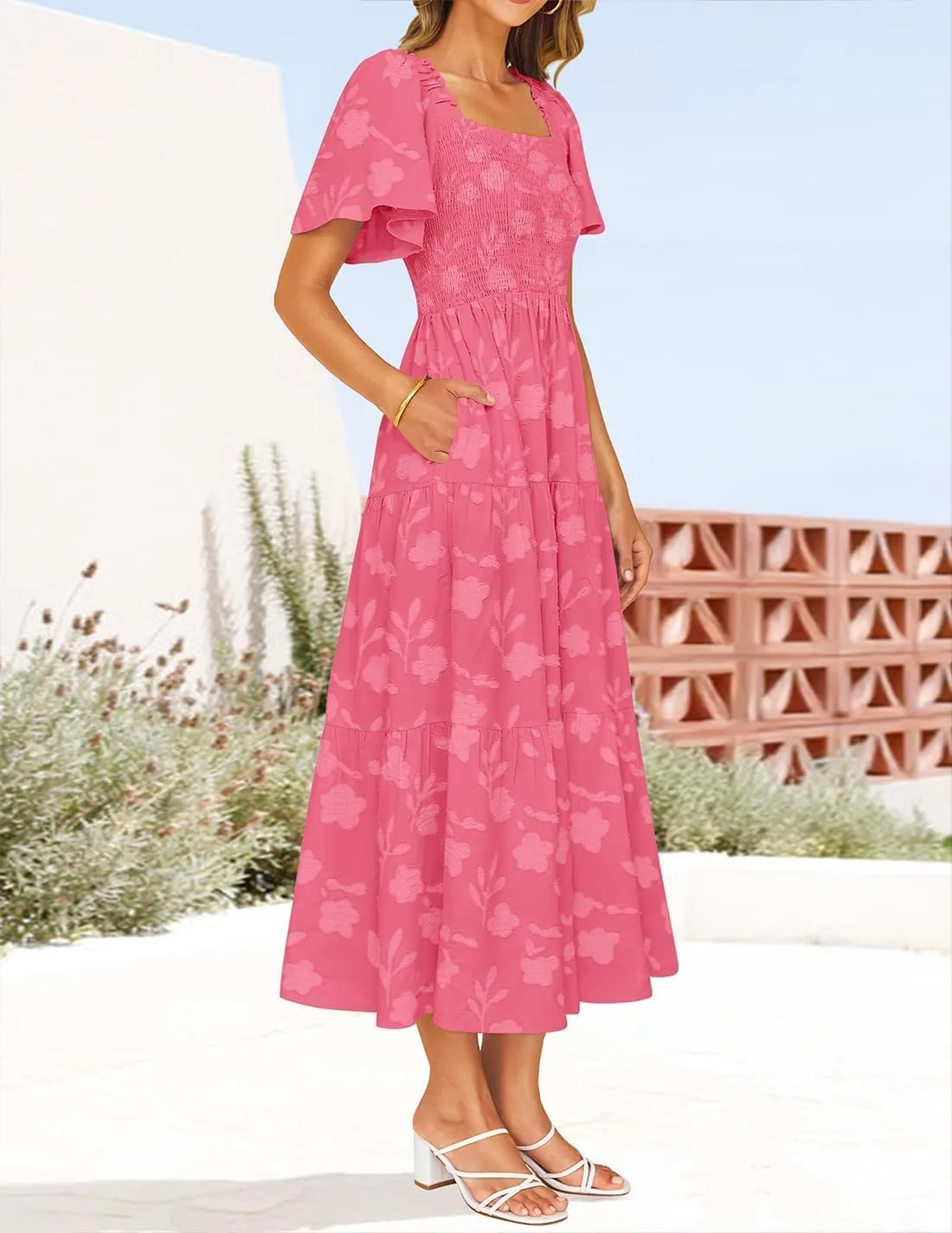 ZESICA Women??s Summer Boho Floral Midi Dress 2025 Casual Short Sleeve Square Neck Flowy Beach Vacation Long Dress