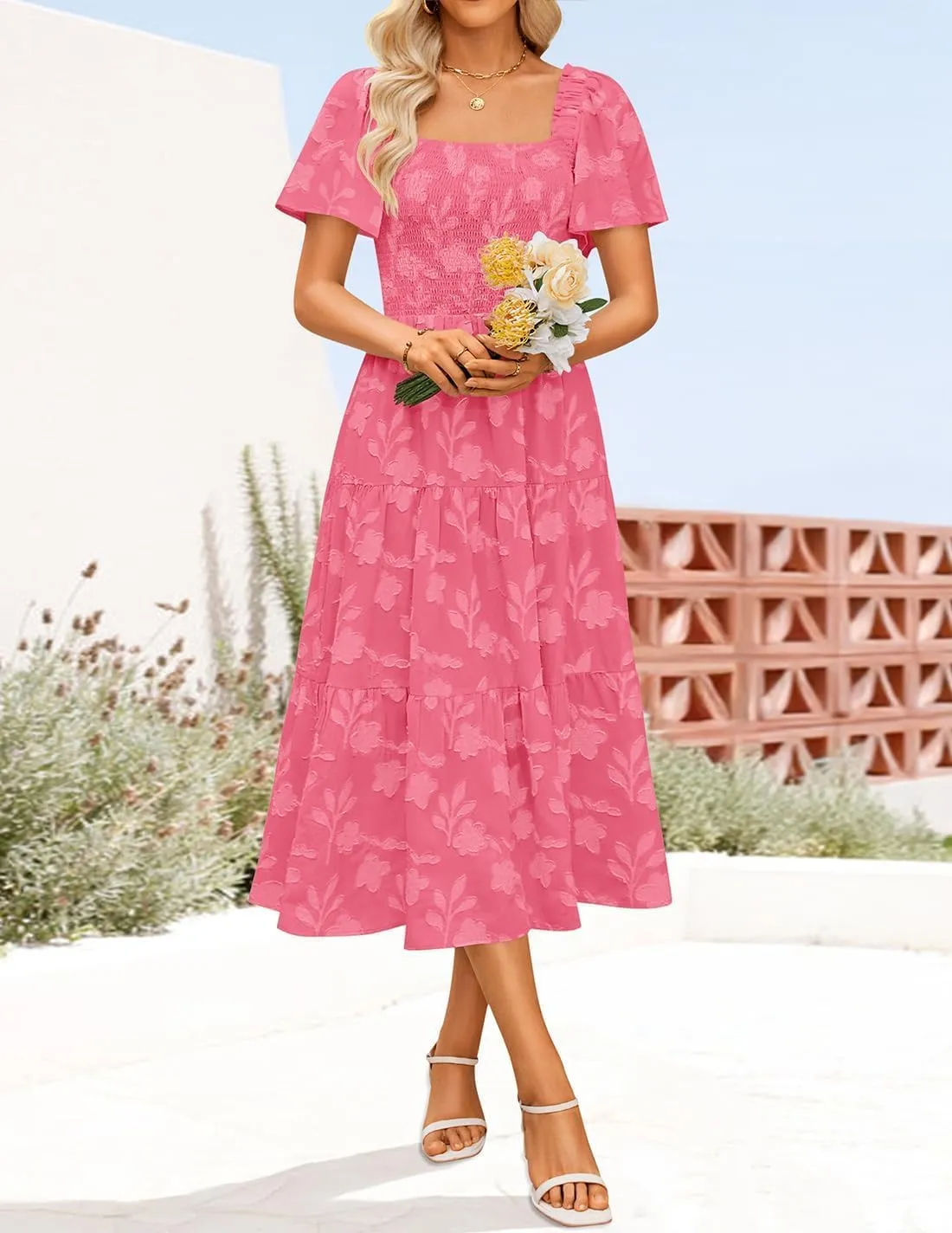 ZESICA Women??s Summer Boho Floral Midi Dress 2025 Casual Short Sleeve Square Neck Flowy Beach Vacation Long Dress