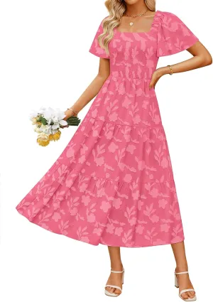 ZESICA Women??s Summer Boho Floral Midi Dress 2025 Casual Short Sleeve Square Neck Flowy Beach Vacation Long Dress